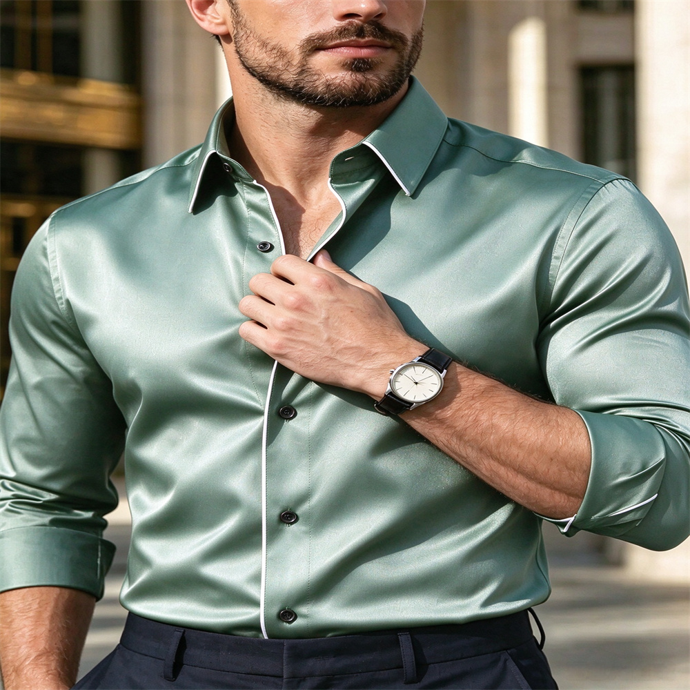 قميص رجالي طويل الأكمام بقصة ض - مراجعة Mens Satin Silk Dress Shirt وسعره