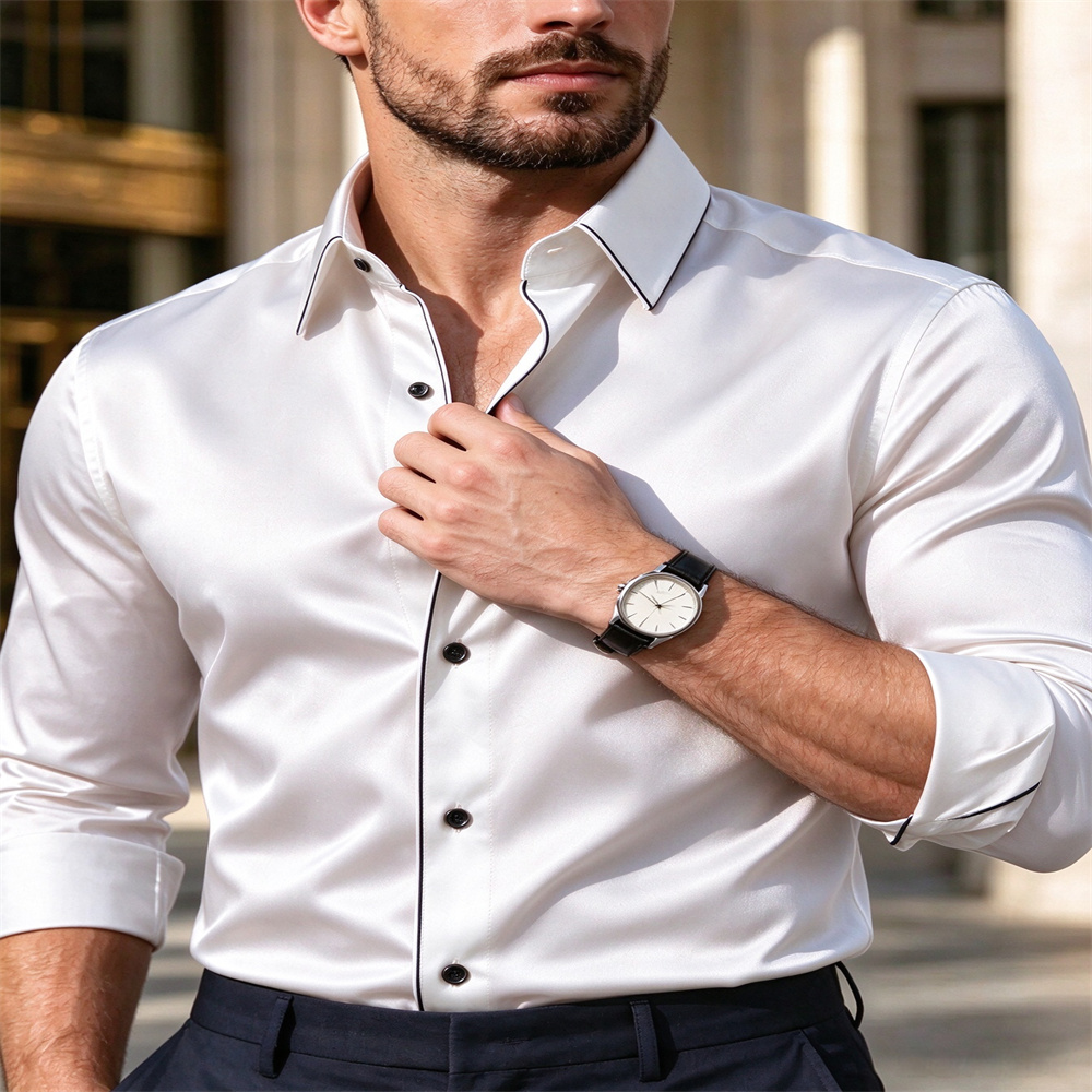 قميص رجالي طويل الأكمام بقصة ض - مراجعة Mens Satin Silk Dress Shirt وسعره