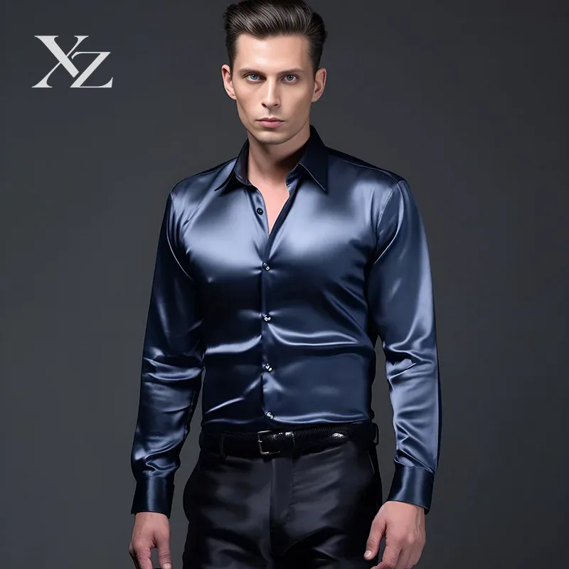 قميص رجالي طويل الأكمام من الس - مراجعة Mens Satin Silk Dress Shirt وسعره