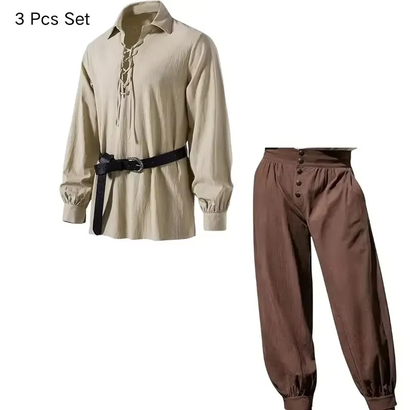 طقم رجالي من ثلاث قطع مستوحى م - مراجعة Medieval Gothic Lace Up Pirate Shirt وسعره